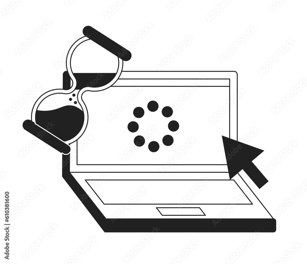Poster loading notebook monochrome concept vector spot illustration. laptop with hourglass and arrow cursor