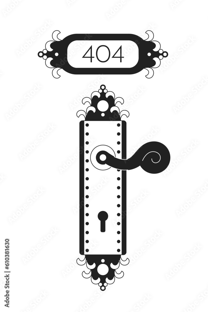 Poster lever door handle vector bw empty state illustration. editable 404 not found page for ux, ui design.