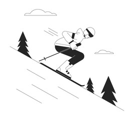 Skiing downhill bw vector spot illustration. Freeskier holding ski sticks 2D cartoon flat line monochromatic character for web UI design. Skiing resort editable isolated outline hero image