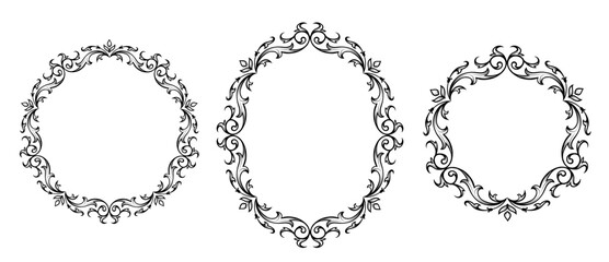 Floral black and white Frames Collection in line style. Set of cute retro calligraphic frames - 610382649