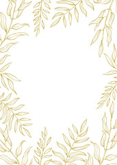 Naklejka premium Herbal mix vector frame in line style. Hand draw plants, branches and leaves on white background. Coloring frame