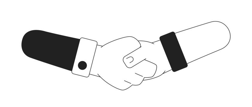 Shaking hands for business networking monochromatic flat vector hands. Successful closing deal. Businesspeople. Editable line clip art on white. Simple bw cartoon spot image for web graphic design