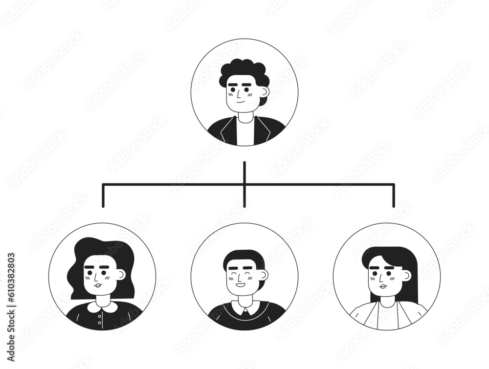Poster team structure monochrome concept vector spot illustration. employees hierarchy 2d flat bw cartoon c