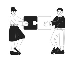 Networking businesspeople monochrome concept vector spot illustration. Colleagues putting puzzle together 2D flat bw cartoon characters for web UI design. Isolated editable hand drawn hero image