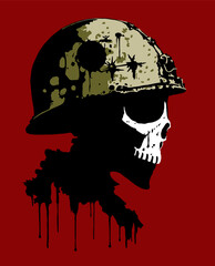 Concept: anti-war poster; No war; death at the front; the futility of war. Soldier of Fortune. Vector color illustration isolated in red. Human skull in a military helmet.