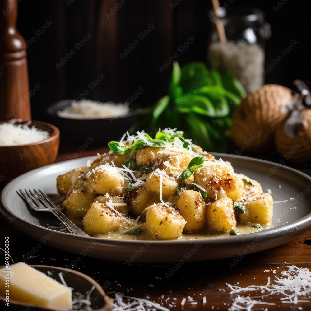 Wall mural An image of a delicious plate of gnocchi topped with a rich, sauce, garnished with fresh basil leaves and grated Parmesan cheese. 