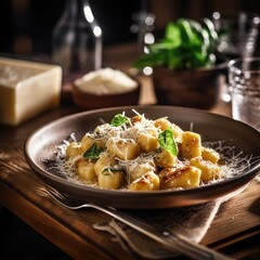 Fototapeta na wymiar An image of a delicious plate of gnocchi topped with a rich, sauce, garnished with fresh basil leaves and grated Parmesan cheese. 
