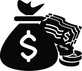 Bulk of money with a bunch of coins and dollars paper solid icon vector image