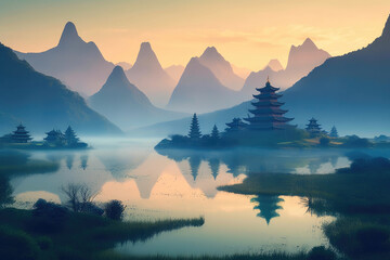 Mystical Sunrise Over Chinese Landscapes. Generative AI