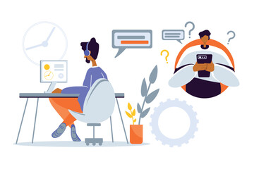 Responding to technical queries. Hotline worker seated at laptop in headphones taking incoming call from client in company office. Vector illustration