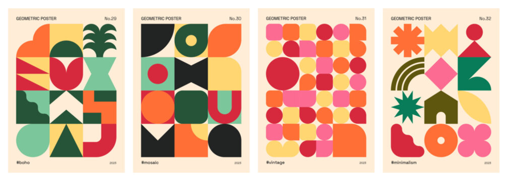 Trendy minimalist, modern, abstract, colorful and vintage poster set with basic and geometric shapes and patterns influenced by Bauhaus, Neo Geo art, Swiss style and Boho art.
