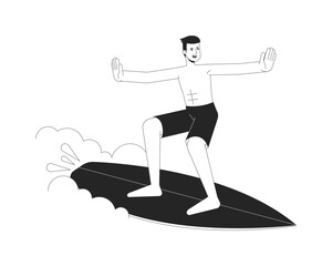 Surfer man on wave bw vector spot illustration. Asian male with surfing board 2D cartoon flat line monochromatic character for web UI design. Surfen welle editable isolated outline hero image