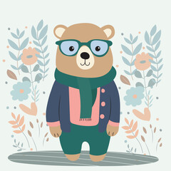 bear with glasses character in flat style, isolated vector