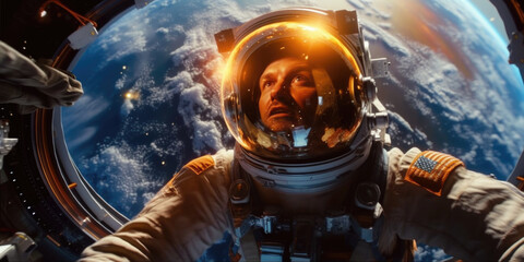 Fototapeta na wymiar Starry-eyed astronaut floats in space, captivated. Generative AI 
