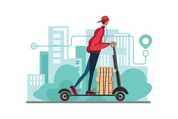 Young courier delivering parcels using scooter. Delivery to pedestrian zone, transportation of small loads. Careful transportation, transfer from hand to hand. Fast delivery services