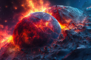 Obraz na płótnie Canvas Explosive Encounter: Meteorite Threatens Cosmic World. Generative AI