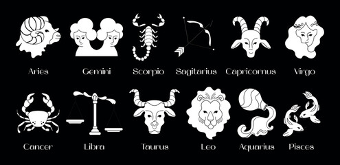 Astrological zodiac signs silhouette. Aries, Taurus, Leo, Gemini, Virgo, Scorpio, Libra, Aquarius, Sagittarius, Pisces, Capricorn, Cancer. Constellations. Vector illustration isolated on background