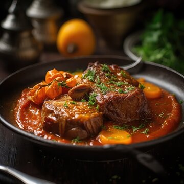 Osso Buco: Braised veal shanks cooked with vegetables, white wine, and broth.