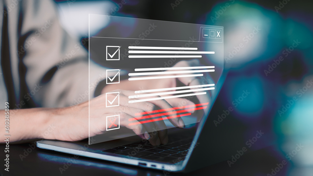 Poster Digital documents with checkbox lists. Business concept and smart checklist on virtual screen. Businessman smart checklist and signs electronic on digital documents concept..
