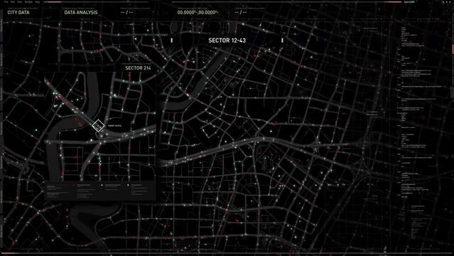 High tech tracking surveillance system scans the city map at night. High tech surveillance software tracking the target location. High tech surveillance interface tracked down the criminals position.