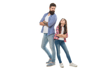 Family man. Man and small child in photo studio. Bearded man and little girl enjoy playing together. Hipster and cute kid in casual style. Father and daughter relationship. Fatherhood changes a man