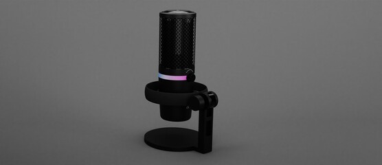 3D rendering of black studio condenser microphone isolated on gray background. Concept of cloud gaming and game streaming services 3d illustration