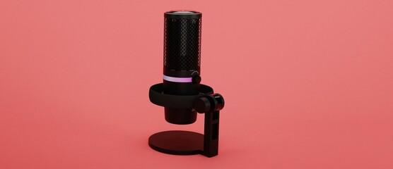 3D rendering of black studio condenser microphone isolated on pink background. Concept of cloud gaming and game streaming services 3d illustration
