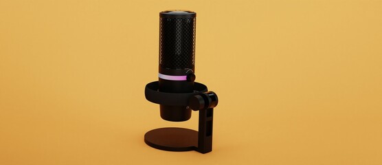 3D rendering of black studio condenser microphone isolated on yellow background. Concept of cloud gaming and game streaming services 3d illustration