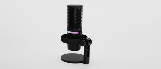 3D rendering of black studio condenser microphone isolated on white background. Concept of cloud gaming and game streaming services 3d illustration