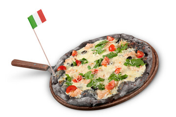 Black Pizza with Tomatoes, Cheese and Basil and an Italian Flag