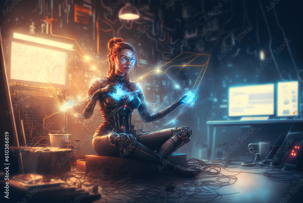 Poster digital era woman meditating in neon wires, with consciousness connected to the world via technologi