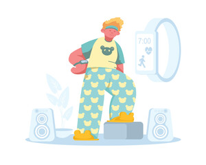 Young man with fitness bracelet trains to music. Male character in pajamas doing physical exercise at home. Fitness in comfortable conditions. Unhealthy and healthy lifestyle