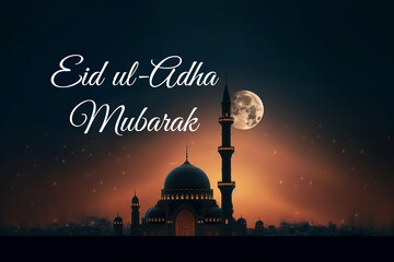 Eid Ul-Adha Mubarak greeting card with moon and mosque, Generative AI