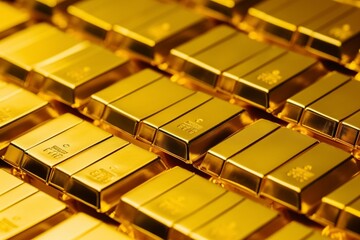 Fototapeta premium illustration, many shiny gold bars on yellow cloth, generative ai