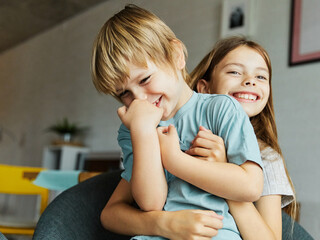 child girl boy childhood kid brother sister love family together portrait fun happy joy happiness...