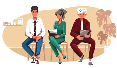 Job applicants in employment agency lobby. Serious young man sitting on chair beside sleepy elegant woman and guy with resumes in hands in company corridor. Vector illustration