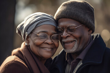 Fototapeta premium Generative AI illustration of Black Couple of old people hugging and in love in a park in autumn time