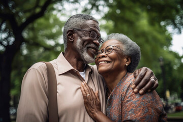 Naklejka premium Generative AI illustration of Black Couple of old people hugging and in love in a park in autumn time