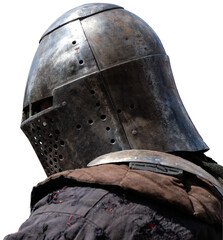 Profile of a knight in a metal medieval helmet.