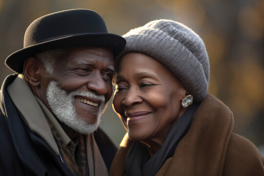 Generative AI illustration of Black Couple of old people hugging and in love in a park in autumn time