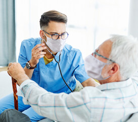 nurse doctor senior care caregiver help assistence retirement home stethoscope nursing virus mask protection man woman health