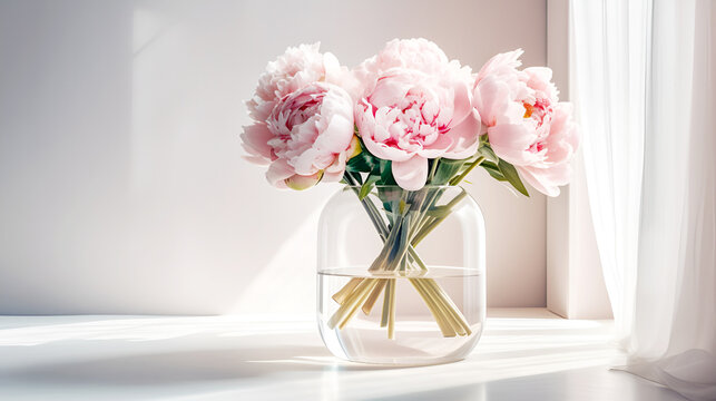 Pink piones in glass vase on empty table opposite white wall with window. Show case for natural cosmetic products. Concept scene stage for new product, promotion sale and presentation. Generative ai