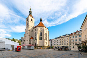 The Neupfarrkirche Church, or New Parish Church, a 16th century Lutheran and Protestant church in the historic Altstadt old town of the Bavarian city of Regensburg, Germany.
