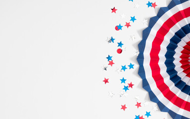 Obraz premium 4th of July, USA Presidents Day, Independence Day, Happy Labor Day, US election concept. USA paper fans and confetti on white background. Flat lay, top view, copy space, banner