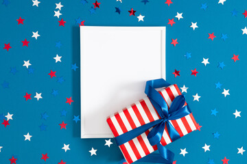 4th of July, USA Presidents Day, Happy Labor Day, Independence Day. Blank photo frame striped gift...