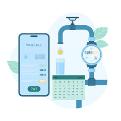 Paying of water supply bill vector illustration. Cartoon phone with mobile app to pay money for consumption, water drop falling from tap with gauge meter and calendar with monthly payment date - obrazy, fototapety, plakaty