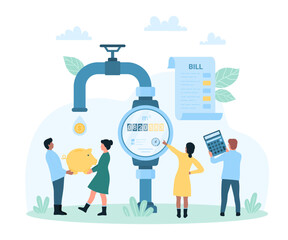 Water bill payment vector illustration. Cartoon tiny people check readings on dial of water meter to pay cash money, customers hold calculator and piggy bank to save money and nature resource