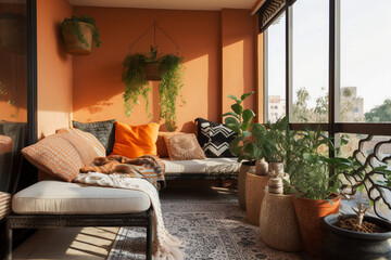 Cozy balcony with sofa and chairs. Orange, green and black colors. African eco interior design. Super photo realistic background, generative ai illustrarion
