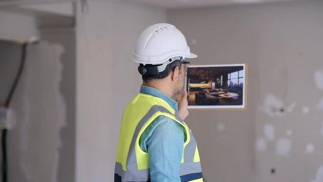 Engineer in protective helmet holding picture with stylish loft interior in hand stands in room in process of renovation worker in professional uniform imagining ultimate apartment interior