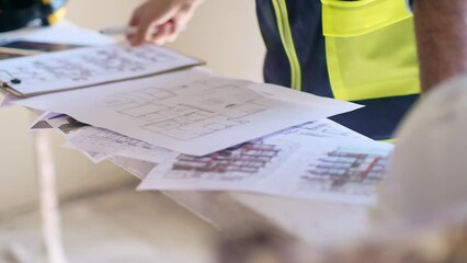 Skilled engineer editing project drawings on construction equipment in unfinished room specialist in professional overalls preparing for renovation in house